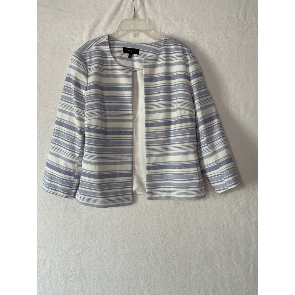 Talbots Petite Blue White Striped Open Front Blazer Jacket 14P Collarless Cotton